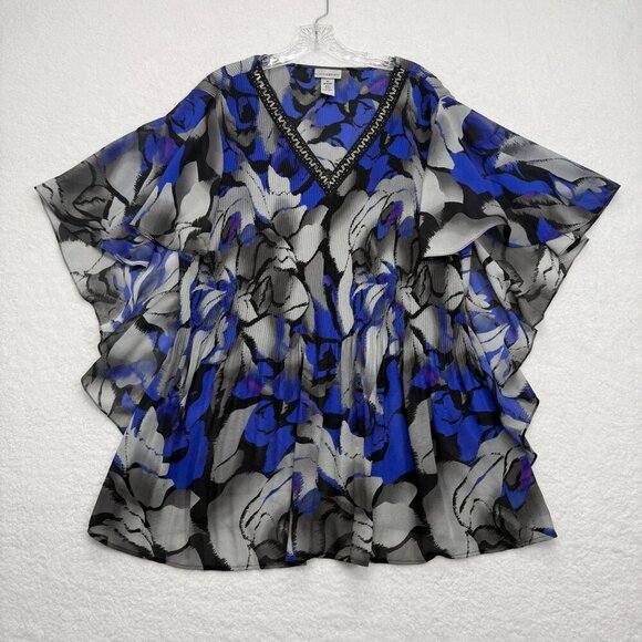 Catherines Flutter Sleeve Tunic Top Bold Floral Beaded Neck Flowy Size 1X 18-20W - Picture 5 of 10